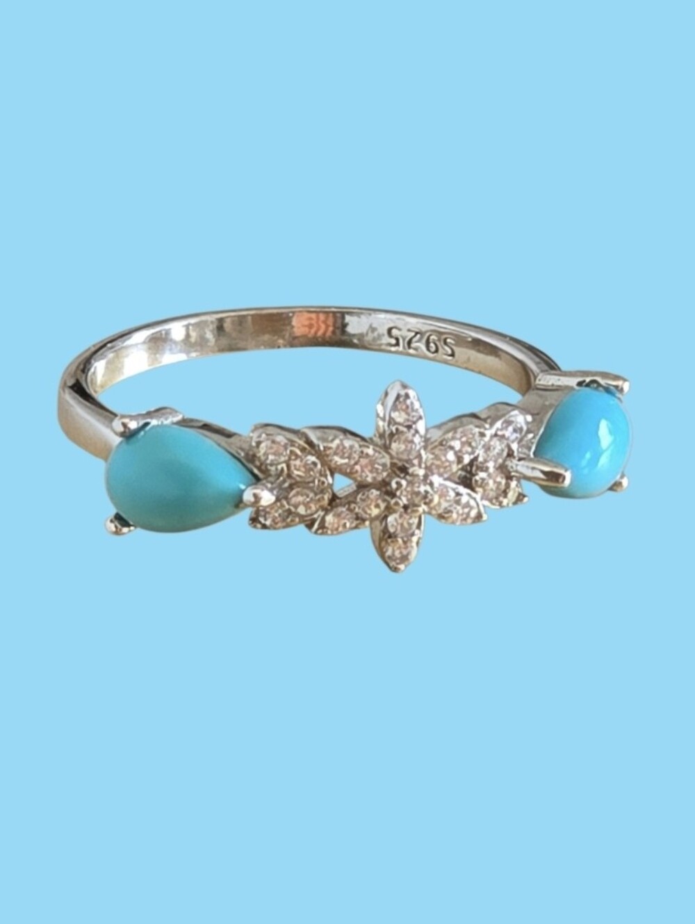 925 Sterling Silver Ring SZ 6.75 With Natural Turquoise 6x4mm & CZ